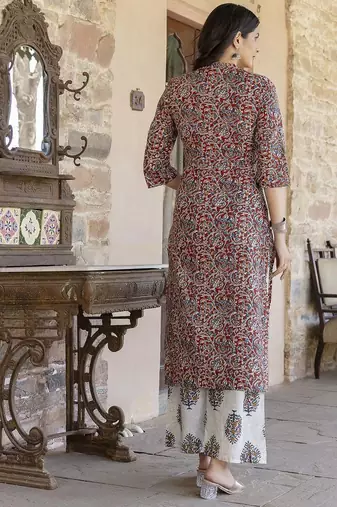 Maroon printed pure cotton kurta trouser dupatta set
