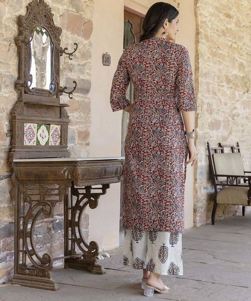 Maroon printed pure cotton kurta trouser dupatta set