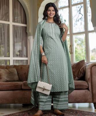 Green printed pure cotton kurta trouser dupatta set 1