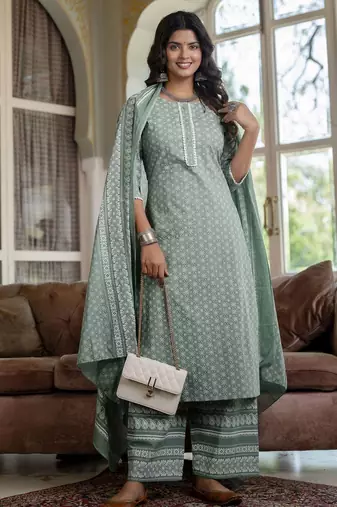 Green printed pure cotton kurta trouser dupatta set