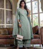 Green printed pure cotton kurta trouser dupatta set