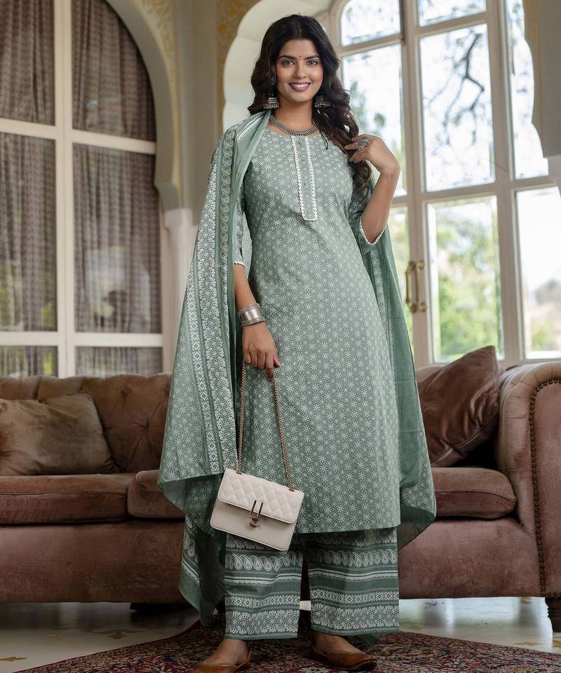 Green printed pure cotton kurta trouser dupatta set