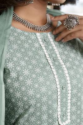 Green printed pure cotton kurta trouser dupatta set 2