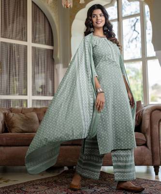 Green printed pure cotton kurta trouser dupatta set 3