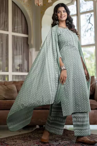 Green printed pure cotton kurta trouser dupatta set