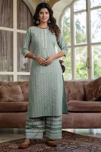 Green printed pure cotton kurta trouser dupatta set