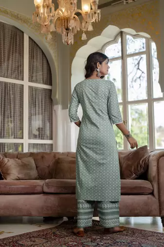 Green printed pure cotton kurta trouser dupatta set