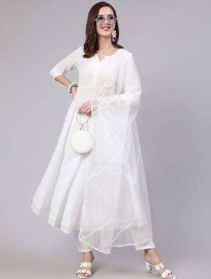 White printed pure cotton kurta trouser dupatta set 1