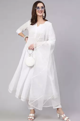 White printed pure cotton kurta trouser dupatta set