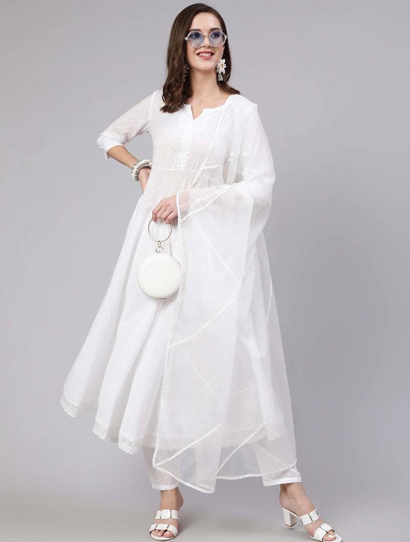 White printed pure cotton kurta trouser dupatta set