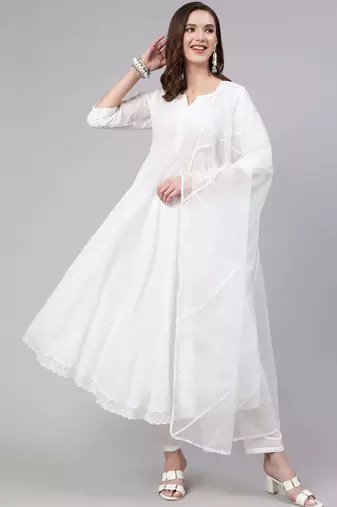 White printed pure cotton kurta trouser dupatta set