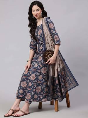Blue printed pure cotton kurta trouser dupatta set 1