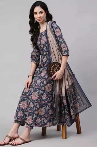 Blue printed pure cotton kurta trouser dupatta set