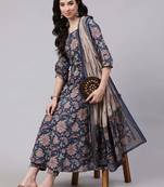Blue printed pure cotton kurta trouser dupatta set