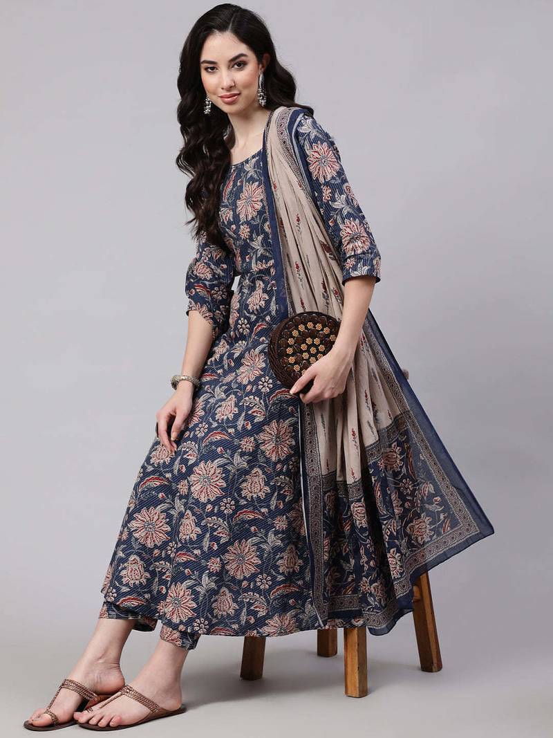 Blue printed pure cotton kurta trouser dupatta set
