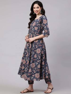 Blue printed pure cotton kurta trouser dupatta set 2