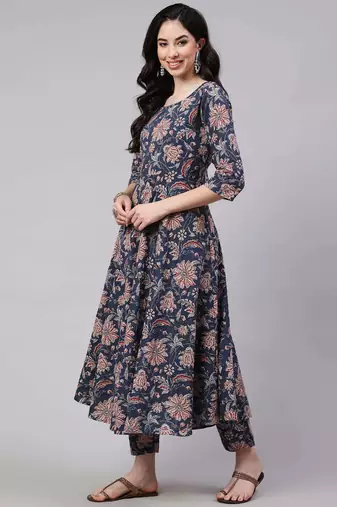 Blue printed pure cotton kurta trouser dupatta set
