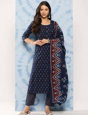 Blue printed pure cotton kurta trouser dupatta set 1