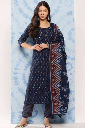 Blue printed pure cotton kurta trouser dupatta set