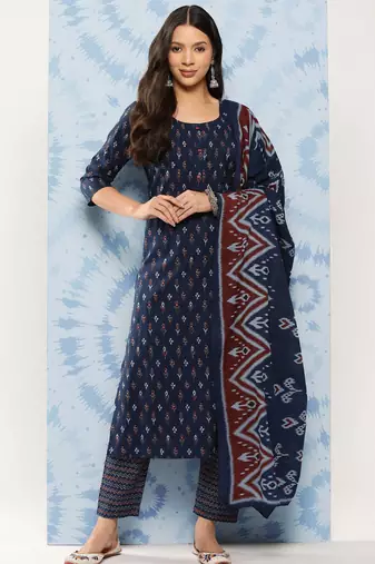 Blue printed pure cotton kurta trouser dupatta set