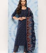Blue printed pure cotton kurta trouser dupatta set