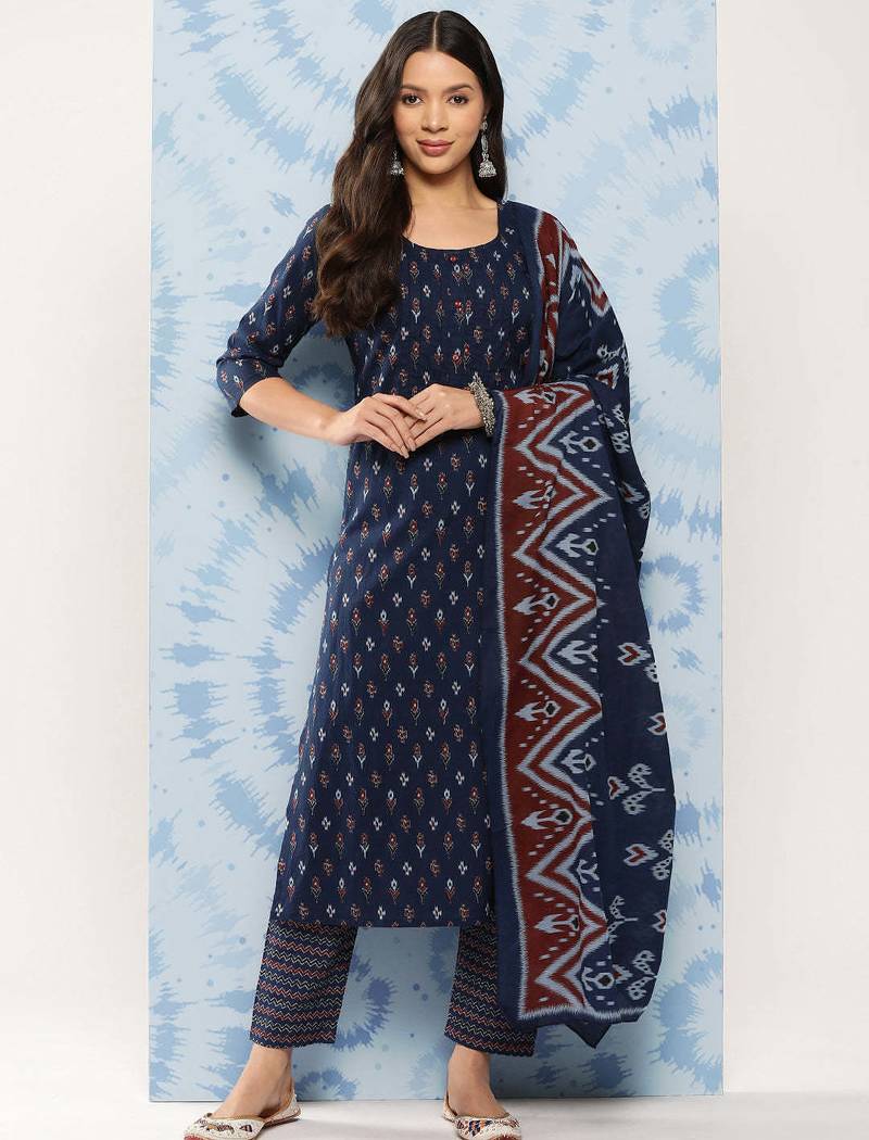 Blue printed pure cotton kurta trouser dupatta set