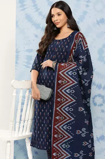 Blue printed pure cotton kurta trouser dupatta set