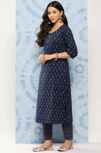 Blue printed pure cotton kurta trouser dupatta set