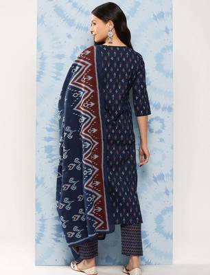 Blue printed pure cotton kurta trouser dupatta set 4