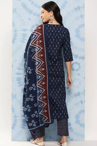 Blue printed pure cotton kurta trouser dupatta set