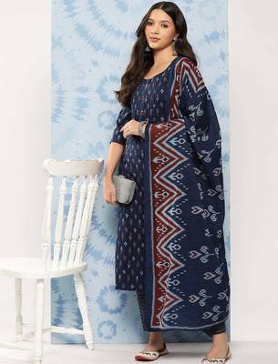 Blue printed pure cotton kurta trouser dupatta set 5