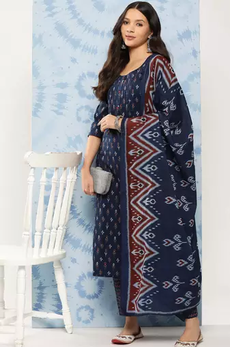 Blue printed pure cotton kurta trouser dupatta set