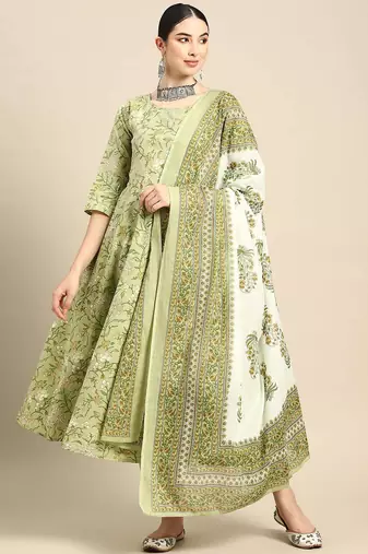 Green printed pure cotton kurta trouser dupatta set