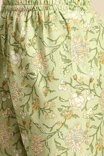 Green printed pure cotton kurta trouser dupatta set