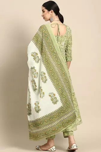 Green printed pure cotton kurta trouser dupatta set