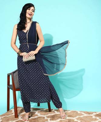 Navy blue printed pure cotton kurta trouser dupatta set 1