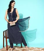 Navy blue printed pure cotton kurta trouser dupatta set
