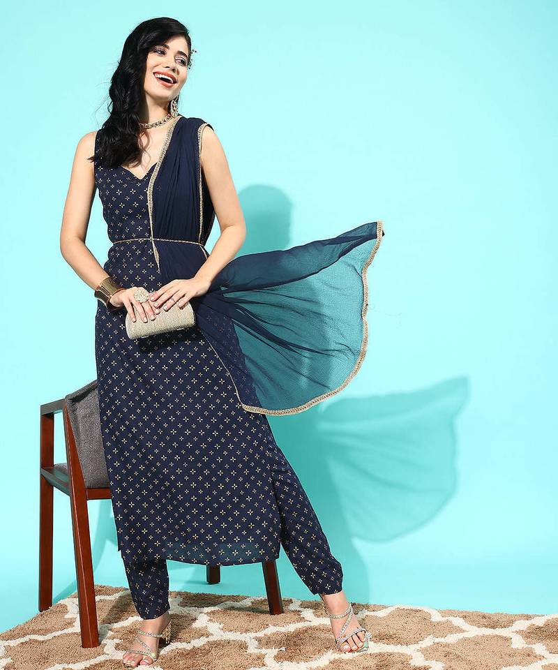 Navy blue printed pure cotton kurta trouser dupatta set