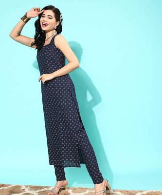 Navy blue printed pure cotton kurta trouser dupatta set 3