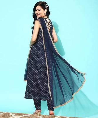 Navy blue printed pure cotton kurta trouser dupatta set 4