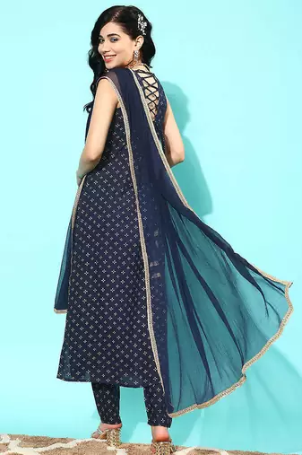 Navy blue printed pure cotton kurta trouser dupatta set