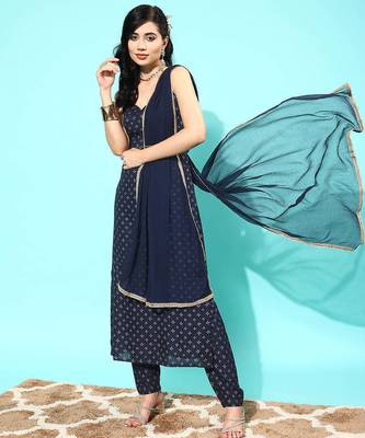 Navy blue printed pure cotton kurta trouser dupatta set 5
