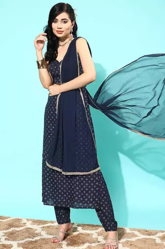 Navy blue printed pure cotton kurta trouser dupatta set
