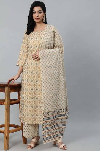 Cream printed pure cotton kurta trouser dupatta set