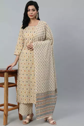 Cream printed pure cotton kurta trouser dupatta set