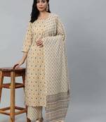 Cream printed pure cotton kurta trouser dupatta set