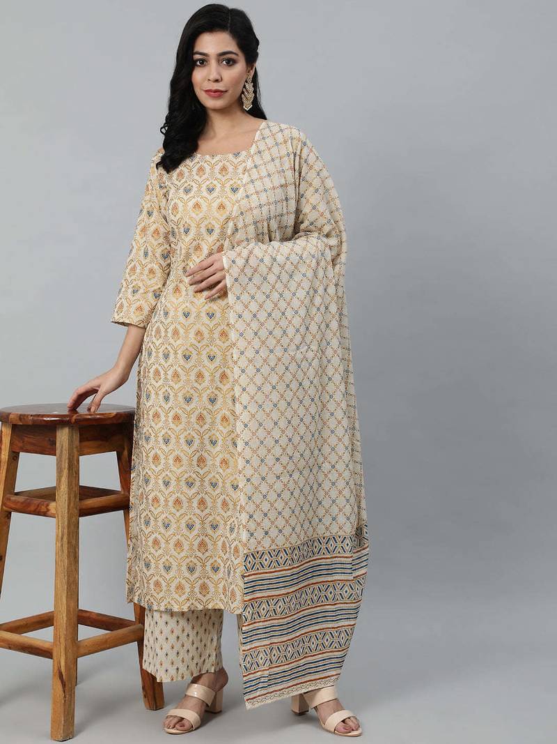 Cream printed pure cotton kurta trouser dupatta set