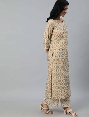 Cream printed pure cotton kurta trouser dupatta set 5