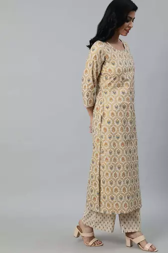 Cream printed pure cotton kurta trouser dupatta set