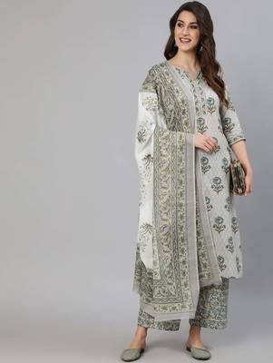 Grey printed pure cotton kurta trouser dupatta set 1